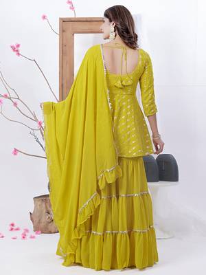 Ethnovog ready to wear mustard yellow peplum top sharara with dupatta 2
