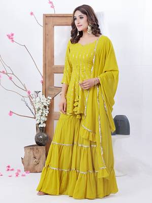Ethnovog ready to wear mustard yellow peplum top sharara with dupatta 3