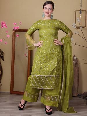 Ethnovog ready to wear green embroidered organza wide leg pant suit 1