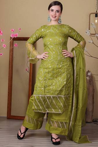 Ethnovog ready to wear green embroidered organza wide leg pant suit