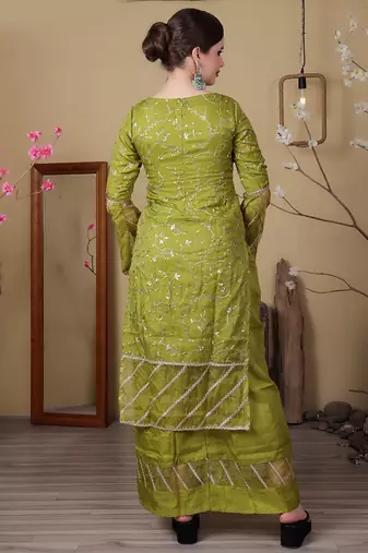 Ethnovog ready to wear green embroidered organza wide leg pant suit