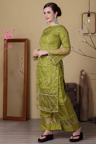 Ethnovog ready to wear green embroidered organza wide leg pant suit