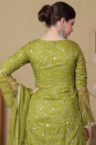 Ethnovog ready to wear green embroidered organza wide leg pant suit