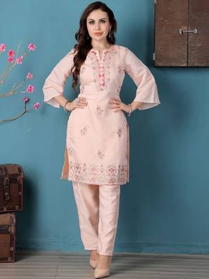 Ethnovog ready to wear peach art silk embroidered straight pant suit 1