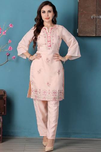Ethnovog ready to wear peach art silk embroidered straight pant suit