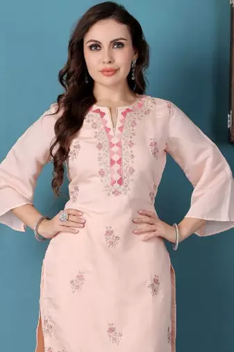 Ethnovog ready to wear peach art silk embroidered straight pant suit