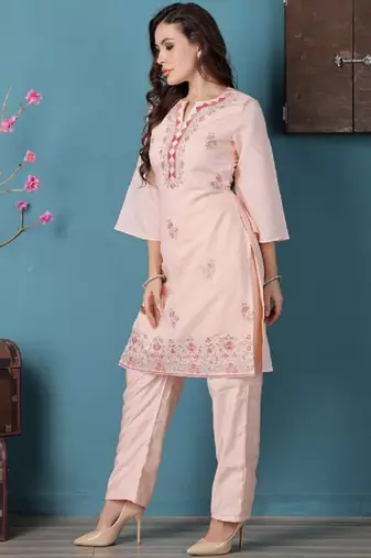 Ethnovog ready to wear peach art silk embroidered straight pant suit