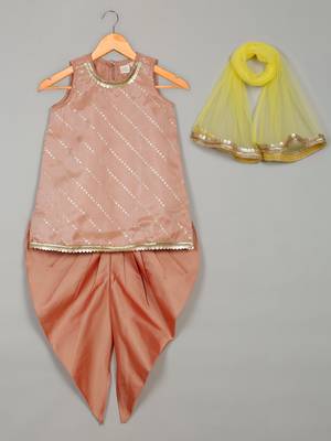 Saka designs peach art silk kurta with dhoti set for girls 1