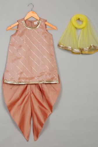 Saka designs peach art silk kurta with dhoti set for girls