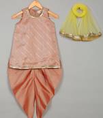 Saka designs peach art silk kurta with dhoti set for girls