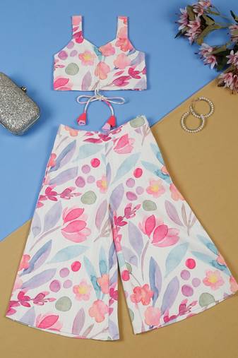 Saka designs girls pink floral poly cotton printed collar neck kurta with palazzo set