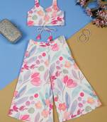 Saka designs girls pink floral poly cotton printed collar neck kurta with palazzo set