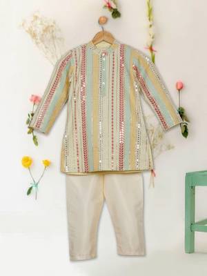 Saka designs boy's sequence emberoidered kurta & pyjamas - beige yellow 1