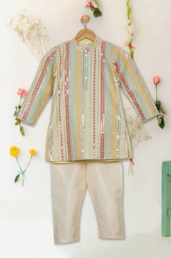 Saka designs boy's sequence emberoidered kurta & pyjamas - beige yellow