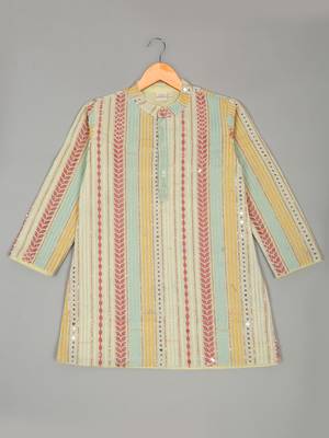Saka designs boy's sequence emberoidered kurta & pyjamas - beige yellow 2
