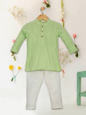 Saka designs boys' georgette embroidered green kurta with white cotton pajama 1