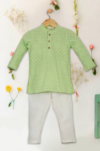 Saka designs boys' georgette embroidered green kurta with white cotton pajama