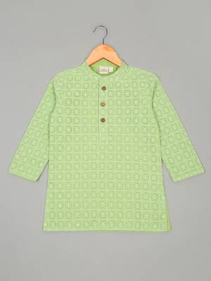Saka designs boys' georgette embroidered green kurta with white cotton pajama 2