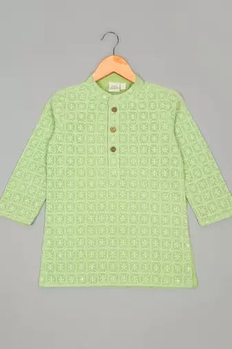 Saka designs boys' georgette embroidered green kurta with white cotton pajama
