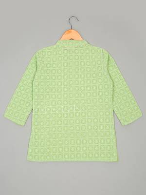 Saka designs boys' georgette embroidered green kurta with white cotton pajama 3