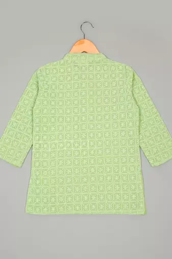Saka designs boys' georgette embroidered green kurta with white cotton pajama