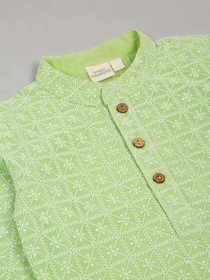 Saka designs boys' georgette embroidered green kurta with white cotton pajama 4