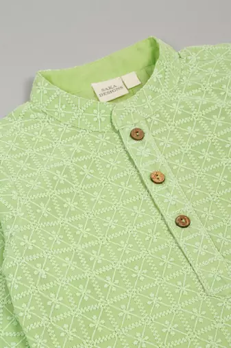 Saka designs boys' georgette embroidered green kurta with white cotton pajama