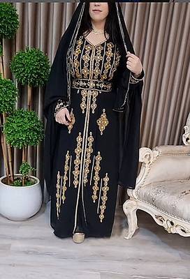 Black color Handmade Moroccan Kaftan with Embroidered Zari work hijab 1