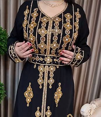 Black color Handmade Moroccan Kaftan with Embroidered Zari work hijab 2
