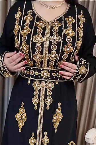 Black color Handmade Moroccan Kaftan with Embroidered Zari work hijab