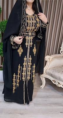 Black color Handmade Moroccan Kaftan with Embroidered Zari work hijab 3