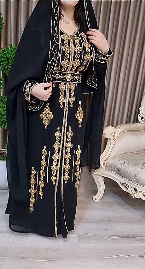 Black color luxurious Handmade Moroccan Kaftan with Embroidered Zari work hijab.