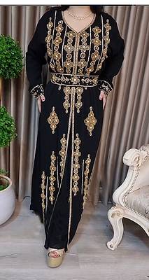 Black color Handmade Moroccan Kaftan with Embroidered Zari work hijab 4