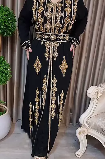 Black color Handmade Moroccan Kaftan with Embroidered Zari work hijab