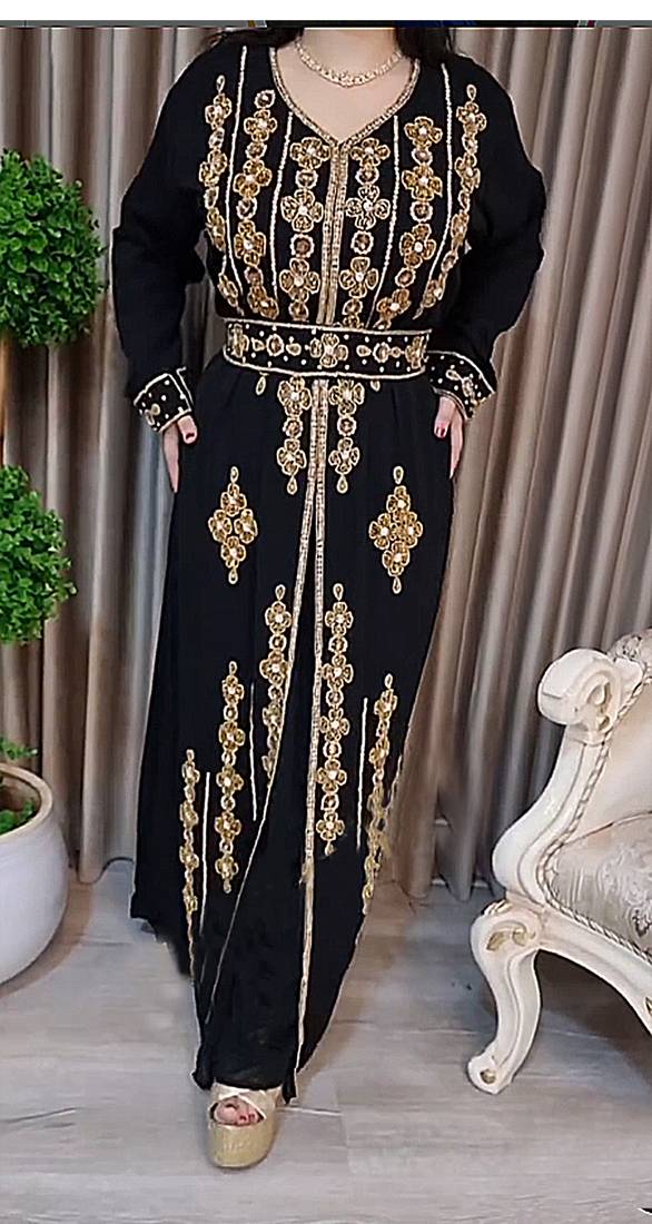 Black color luxurious Handmade Moroccan Kaftan with Embroidered Zari work hijab.