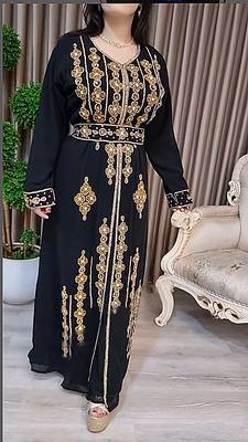 Black color Handmade Moroccan Kaftan with Embroidered Zari work hijab 5