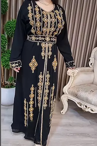 Black color Handmade Moroccan Kaftan with Embroidered Zari work hijab