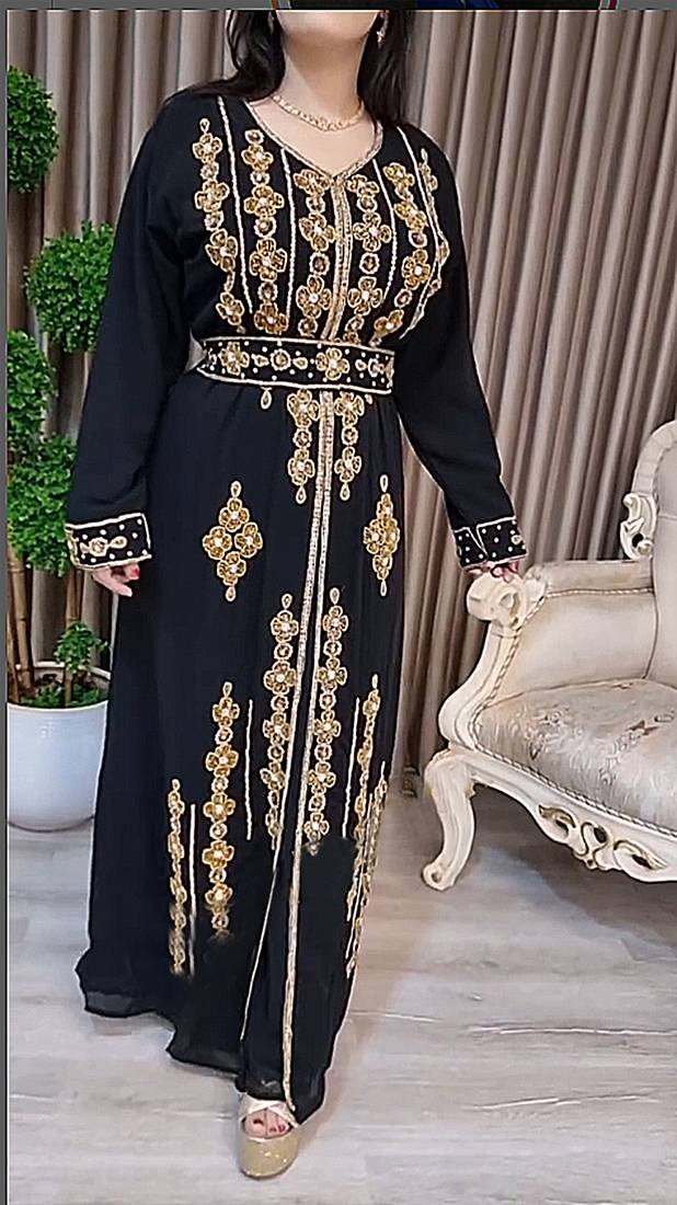 Black color luxurious Handmade Moroccan Kaftan with Embroidered Zari work hijab.