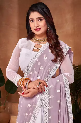 Half N Half Georgette Saree In Lavender With Matching Blouse Piece