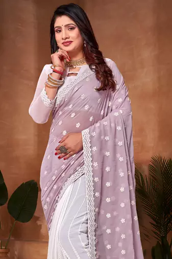 Half N Half Georgette Saree In Lavender With Matching Blouse Piece