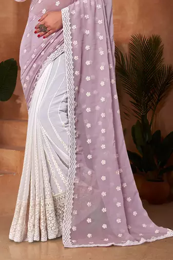 Half N Half Georgette Saree In Lavender With Matching Blouse Piece
