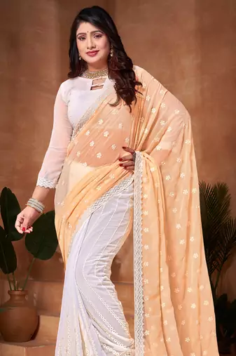 Half N Half Georgette Saree In Yellow With Matching Blouse Piece