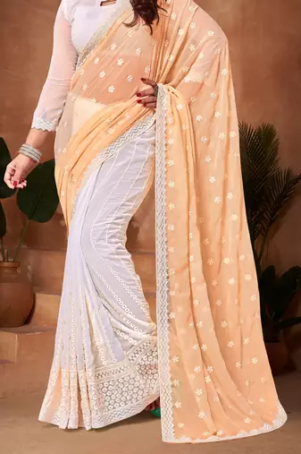 Half N Half Georgette Saree In Yellow With Matching Blouse Piece