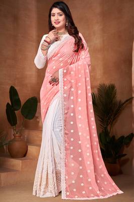Half N Half Georgette Saree In Peach With Matching Blouse Piece 1