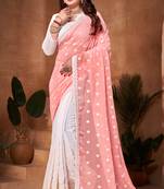 Half N Half Georgette Saree In Peach With Matching Blouse Piece