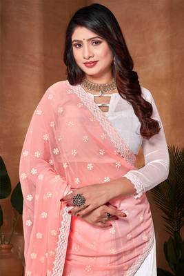 Half N Half Georgette Saree In Peach With Matching Blouse Piece 2