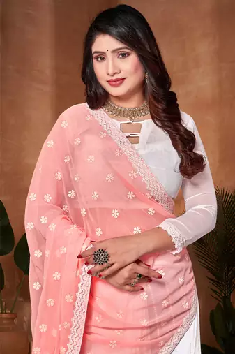 Half N Half Georgette Saree In Peach With Matching Blouse Piece