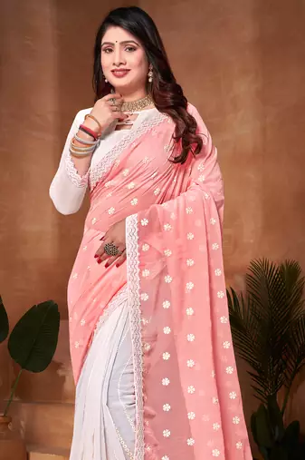 Half N Half Georgette Saree In Peach With Matching Blouse Piece