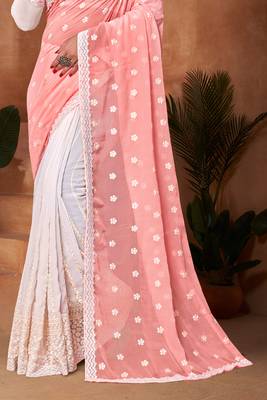 Half N Half Georgette Saree In Peach With Matching Blouse Piece 4