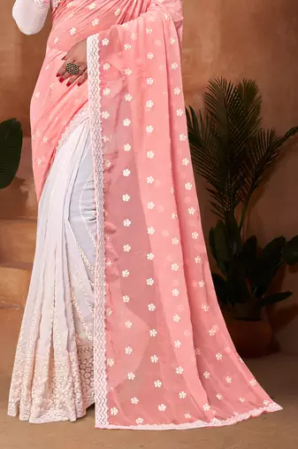 Half N Half Georgette Saree In Peach With Matching Blouse Piece
